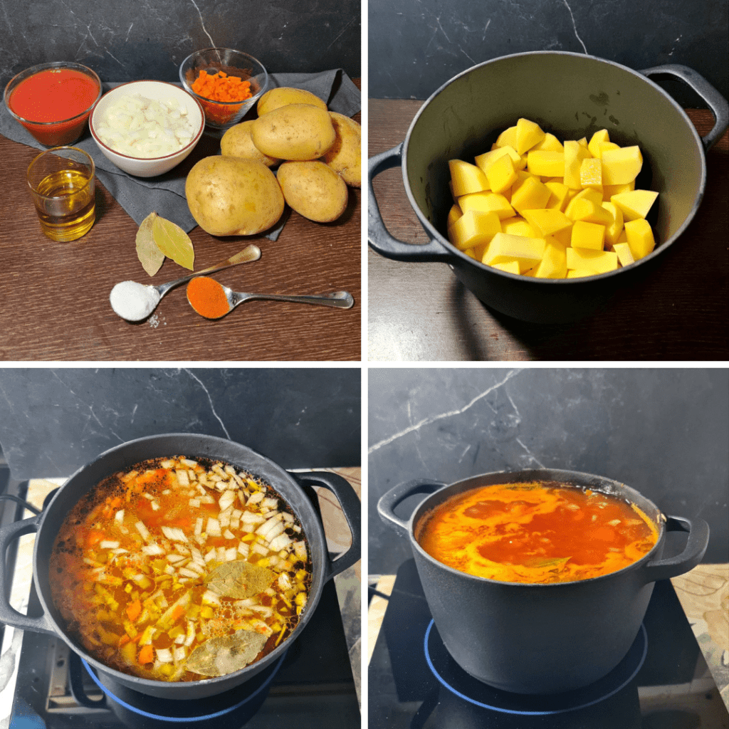 step-by-step hoe to make vegan potato stew, pot with potatoes, ingredients for potato stew, canned tomatoes, potatoes, teaspoons, salt, paprika, chopped vegetables