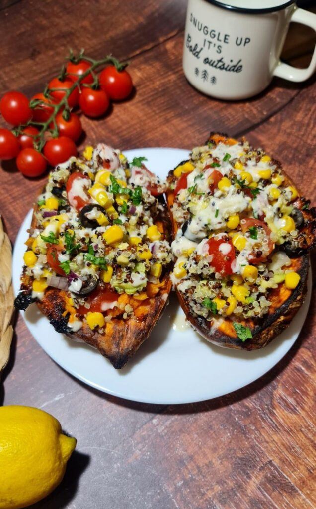 stuffed sweet potato recipe with tahini sauce and quinoa