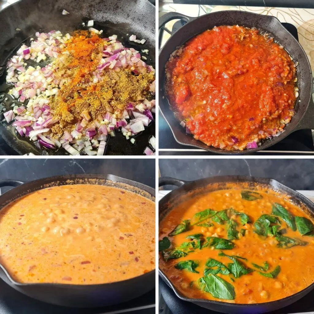 A bowl of vegan coconut chickpea curry garnished with fresh cilantro, served with rice and lime wedges.