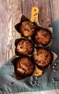 five chocolate muffins with chocolate chips