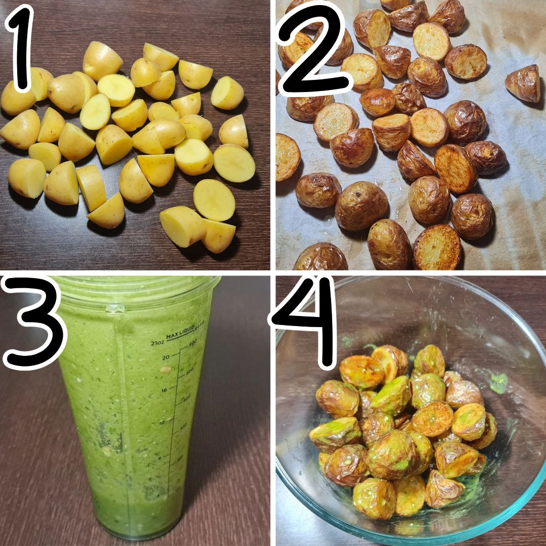 Collage of the cooking process of crispy pesto roasted potatoes, showing raw halved potatoes, roasted potatoes, fresh pesto in a blender, and seasoned potatoes in a bowl.