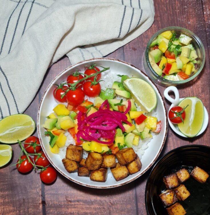 tropical tofu rice bowl