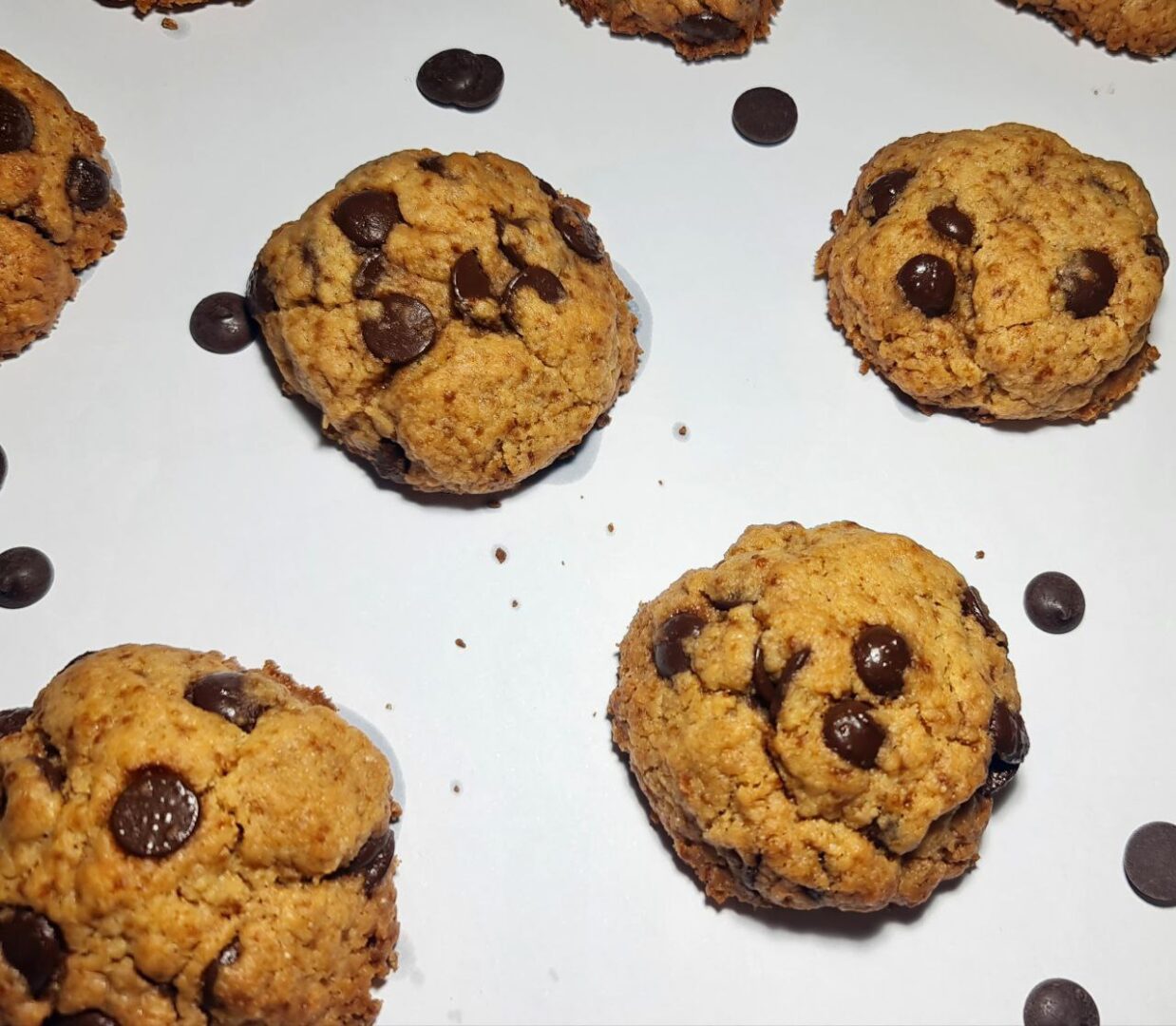 Freshly baked vegan chocolate chip cookies on a white background, scattered with extra chocolate chips