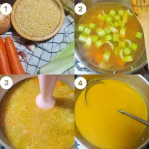 Step-by-step visual guide for making vegan pastina soup, showing raw ingredients, soup preparation, blending, and the final smooth soup.