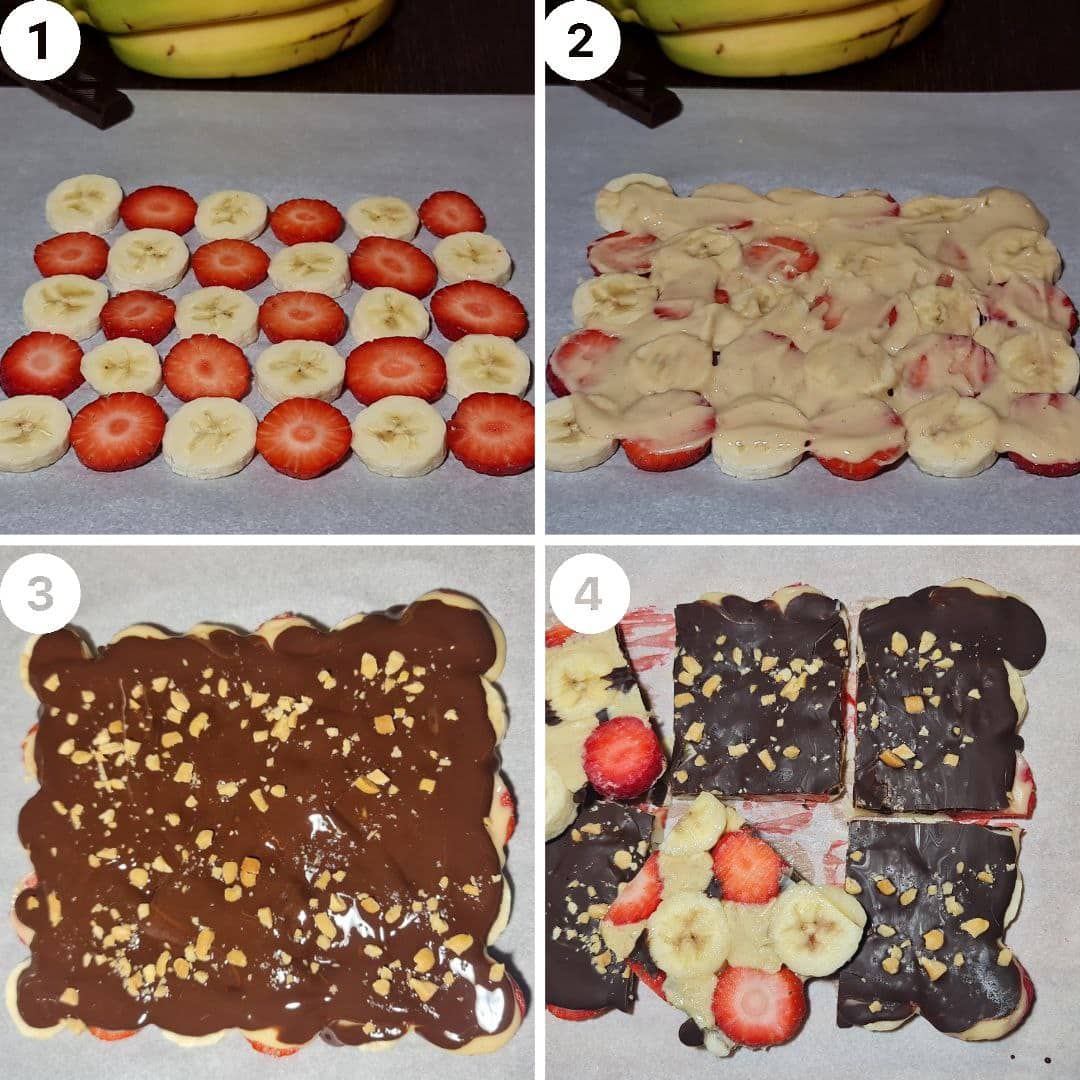 Step-by-step process of making banana strawberry chocolate peanut butter bark: layering banana and strawberry slices, adding peanut butter, spreading melted chocolate, and final bark pieces.