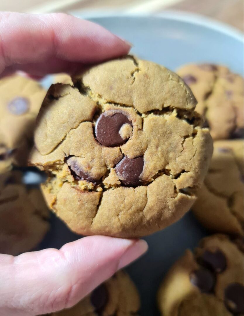 A close-up of a hand holding a vegan matcha chocolate chip cookie, showcasing its cracked surface and chocolate chips.