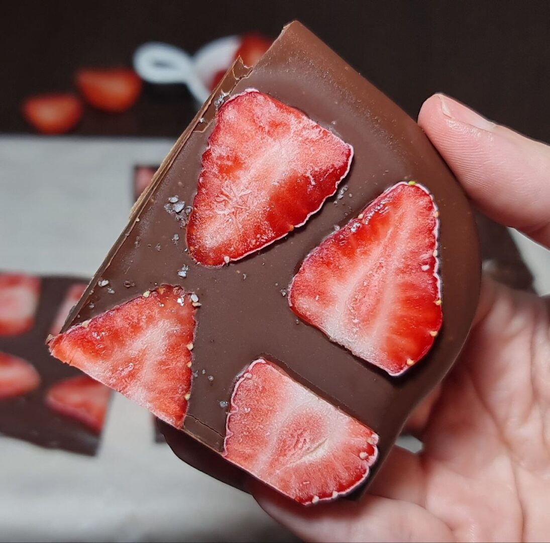 chocolate peanut butter strawberry bark closeup