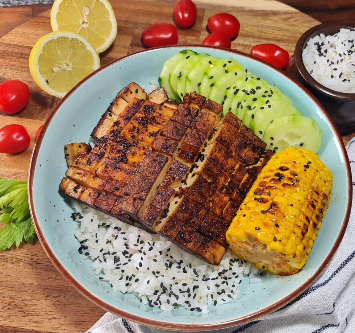 Tofu and Corn Summer Rice Bowl with Black Sesame