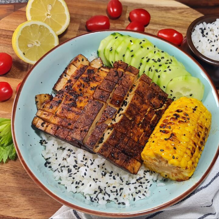 Tofu and Corn Summer Rice Bowl with Black Sesame