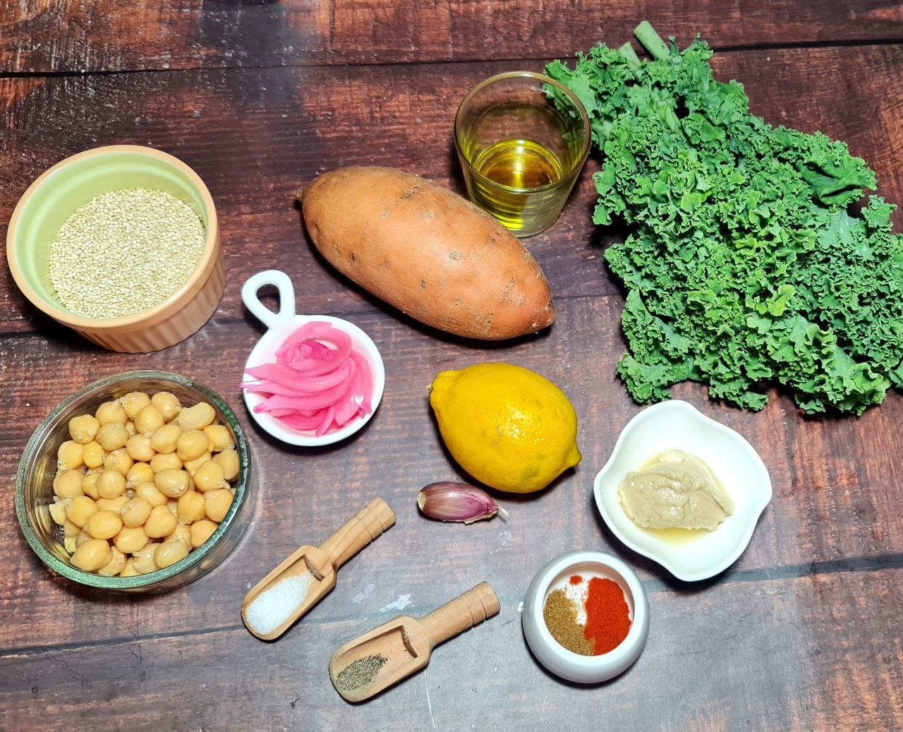 a table with various food items