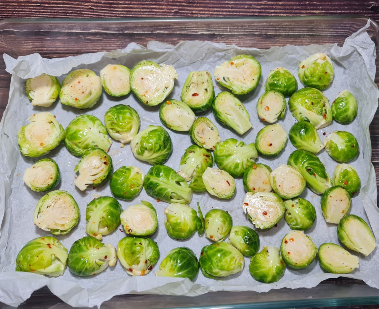 a tray of cooked brussels sprouts