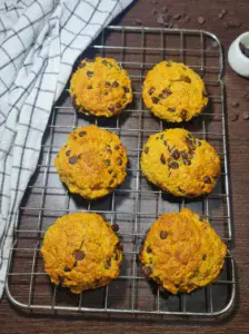 Freshly baked vegan pumpkin chocolate chip cookies cooling on a wire rack. Freshly baked vegan pumpkin chocolate chip cookies cooling on a rack, golden and delicious.