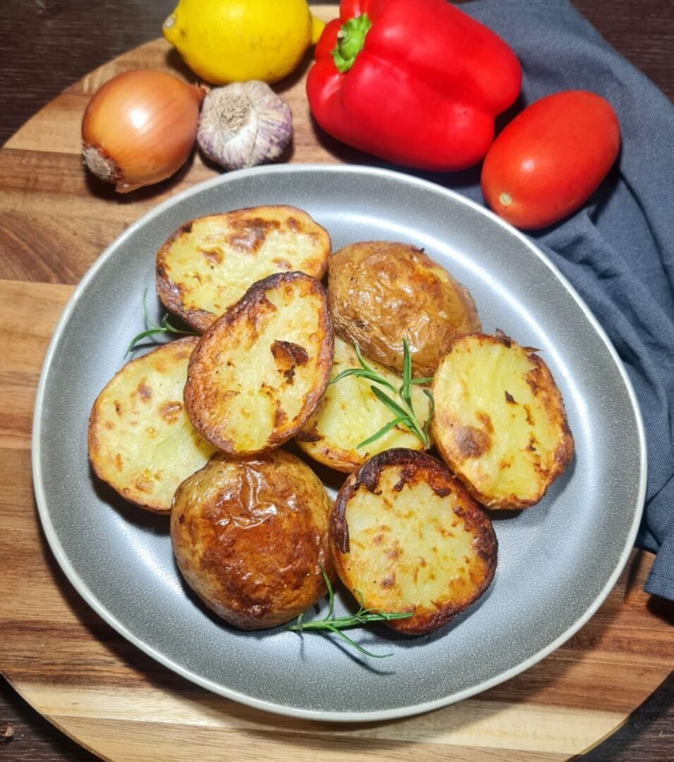 halved roasted potatoes serving