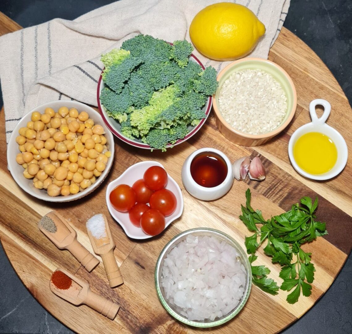 a wooden board with various food items on it