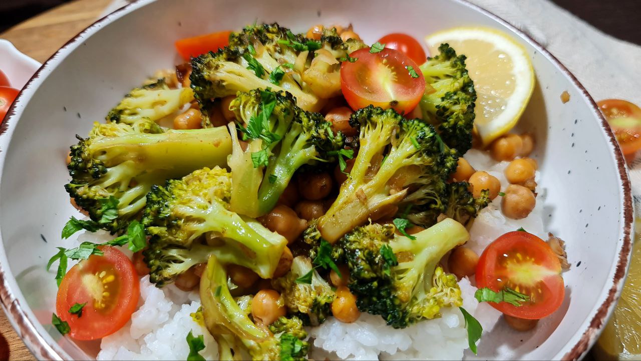 a bowl of rice and vegetables - vegan broccoli stir-fry