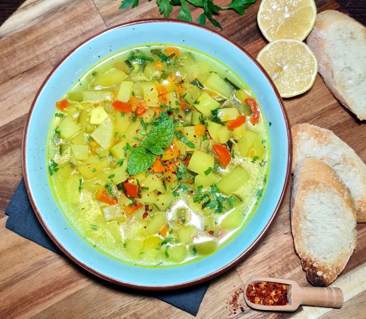 a bowl of soup with lemons and bread on a wood surface