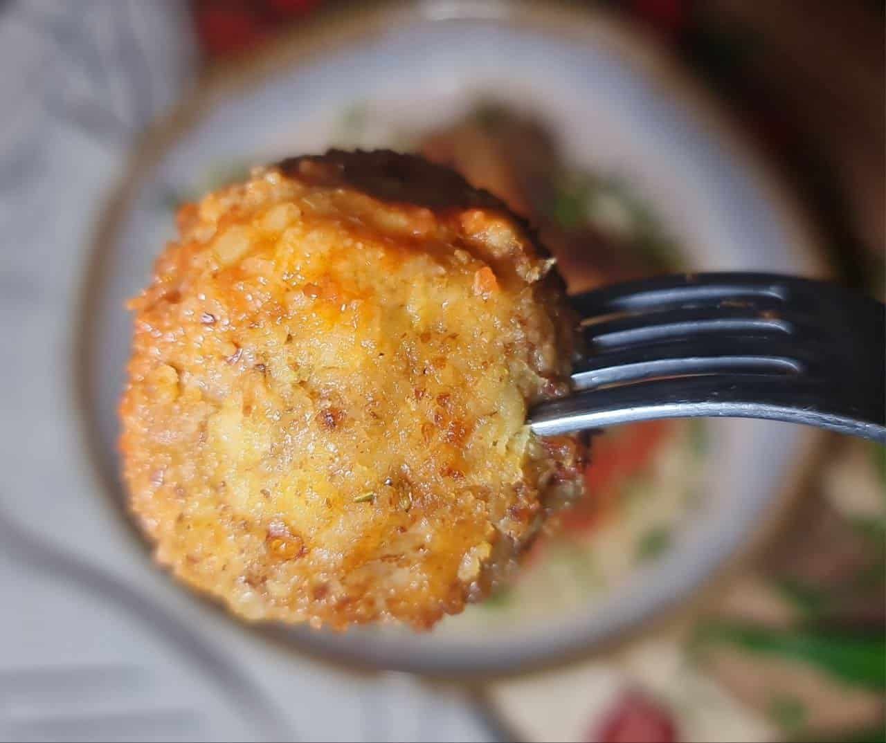 Close-up of vegan chickpea meatballs on a plate.