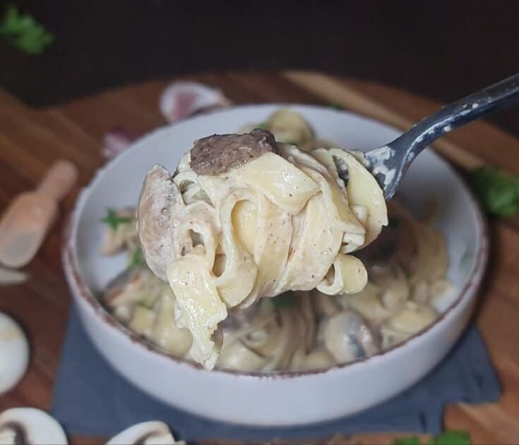 vegan creamy mushroom truffle pasta close up