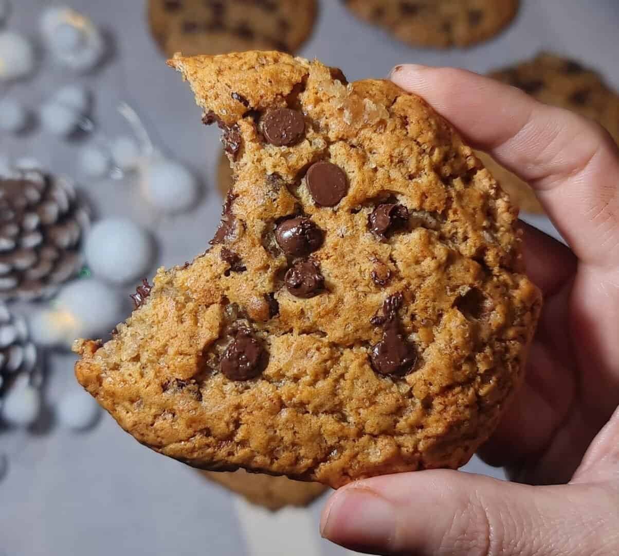 A hand holding a vegan gingerbread chocolate chip cookie with a bite taken out of it, showcasing the cookie's texture and chocolate chips.