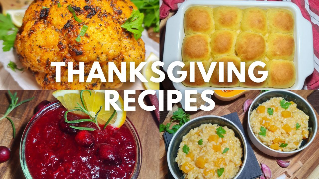 A collage of vegan Thanksgiving recipes including a roasted cauliflower, dinner rolls, cranberry sauce, and butternut squash risotto. A delicious assortment of vegan Thanksgiving recipes featuring roasted cauliflower, fluffy dinner rolls, tangy cranberry sauce, and creamy butternut squash risotto.