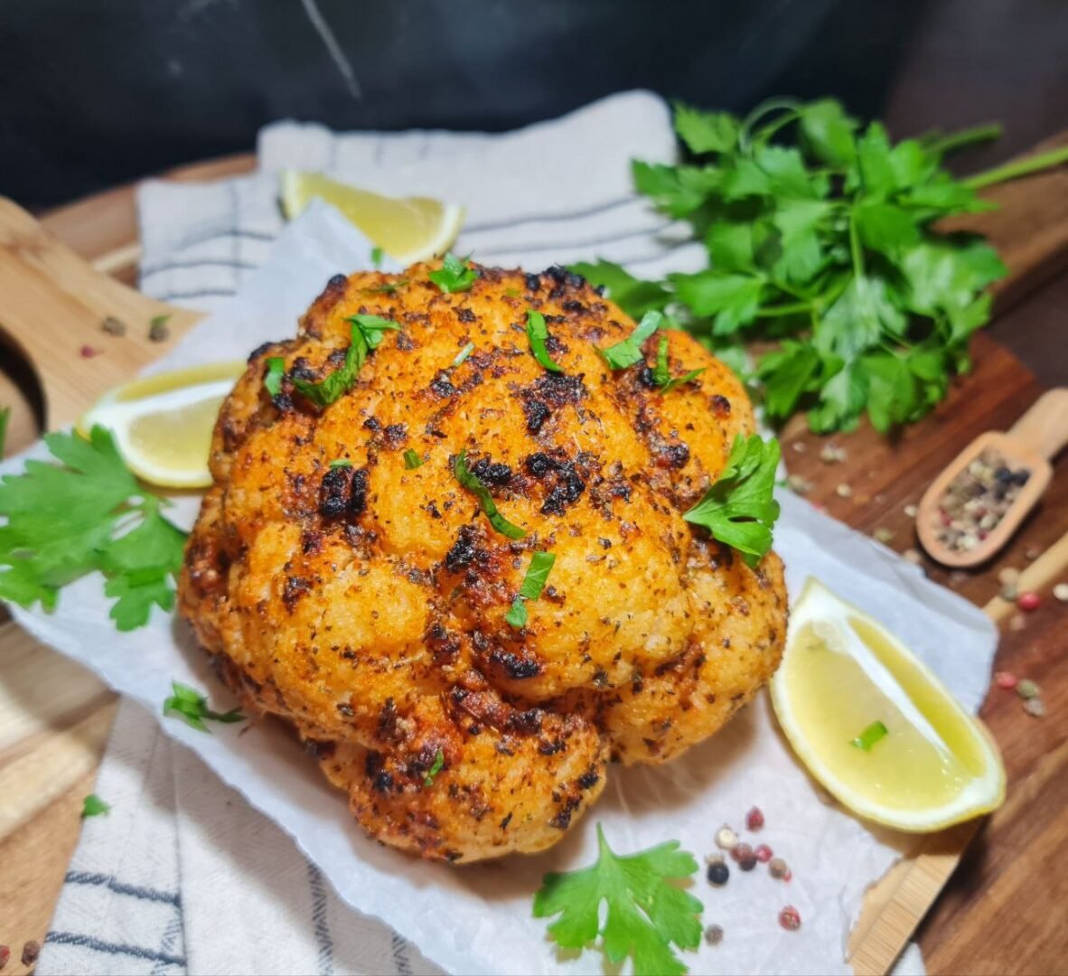 Whole roasted cauliflower with herb crust on a wooden cutting board. Delicious whole roasted cauliflower with a flavorful herb crust, perfect as a main or side dish.