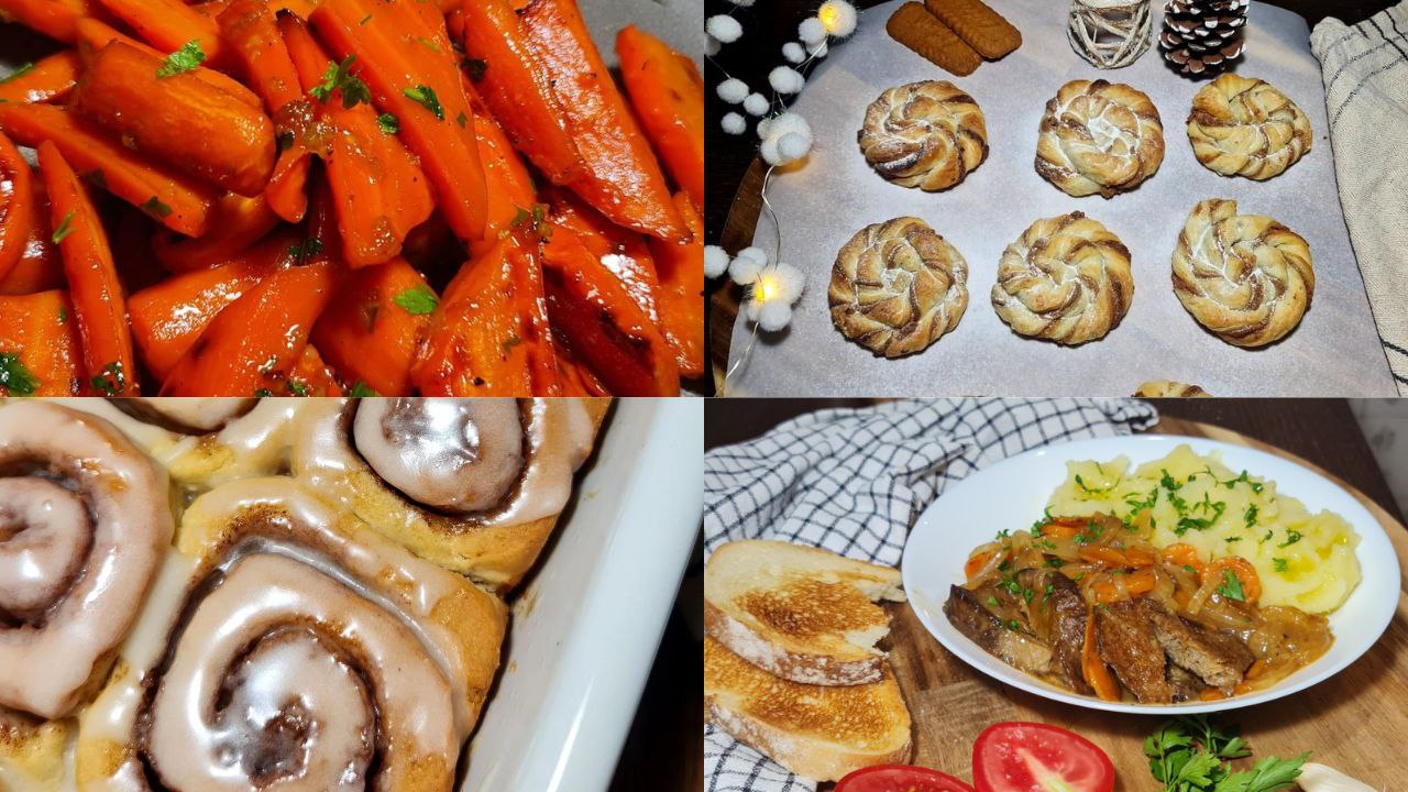 A collage of vegan Christmas recipes including glazed carrots, cinnamon rolls, braided bread, and a hearty vegetable dish with mashed potatoes.