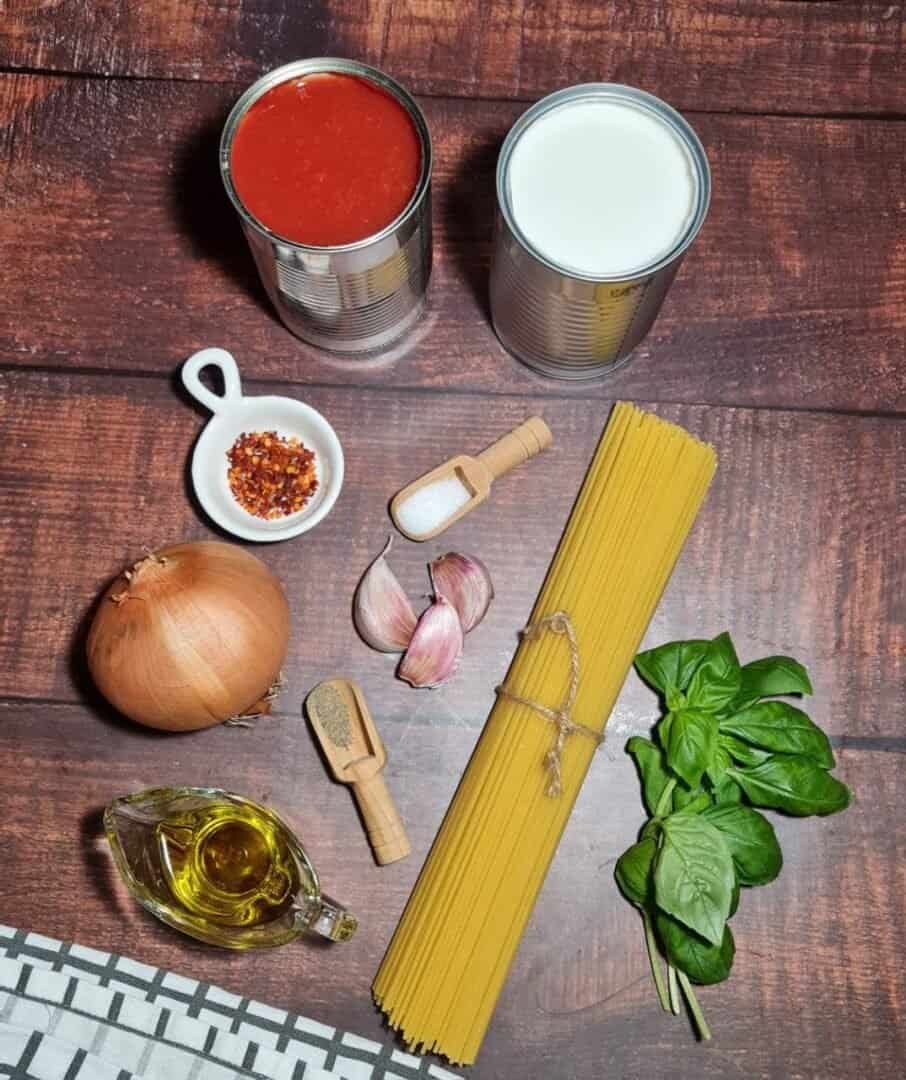  Ingredients for coconut milk pasta sauce including coconut milk, tomato sauce, spaghetti, onion, garlic, basil, olive oil, salt, pepper, and red pepper flakes.