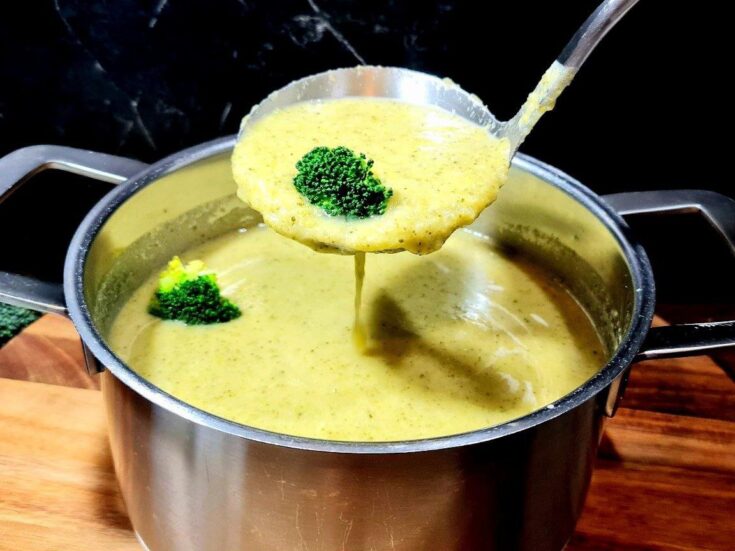 creamy vegan broccoli soup ladle