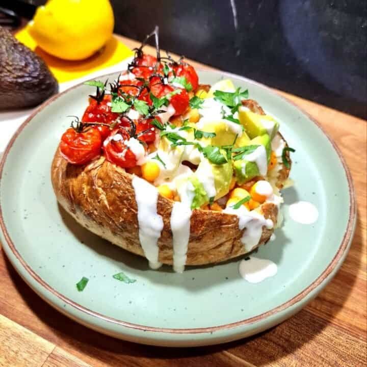 A vegan kumpir topped with roasted cherry tomatoes, avocado, chickpeas, and drizzled with a creamy sauce, served on a green plate.