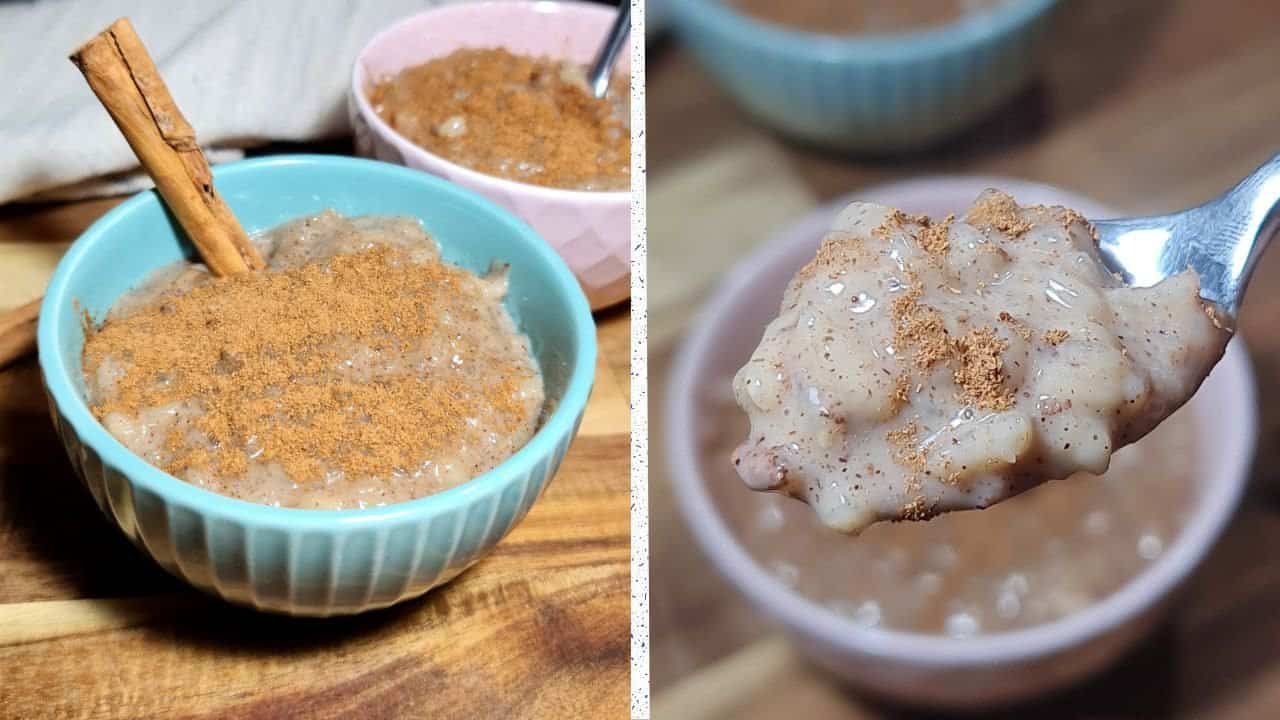 A bowl of vegan rice pudding topped with cinnamon and a cinnamon stick, with another bowl in the background and a close-up of a spoonful of the pudding.