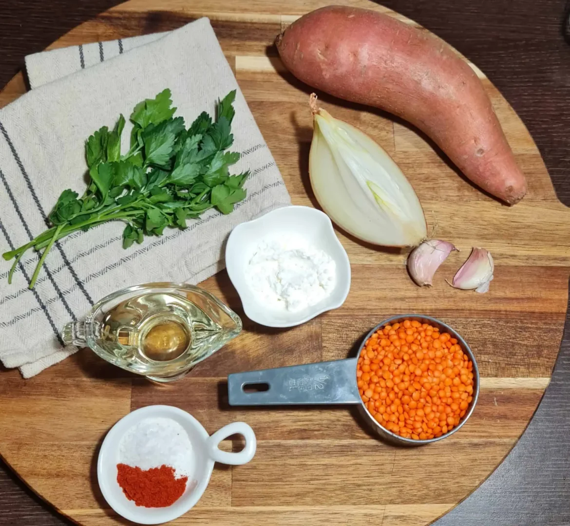 Fresh Ingredients for Vegan Red Lentil Sweet Potato Patties