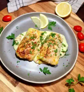 Two golden vegan cabbage rolls served over silky cauliflower purée, garnished with parsley, lemon wedges, and chilli flakes on a grey plate.