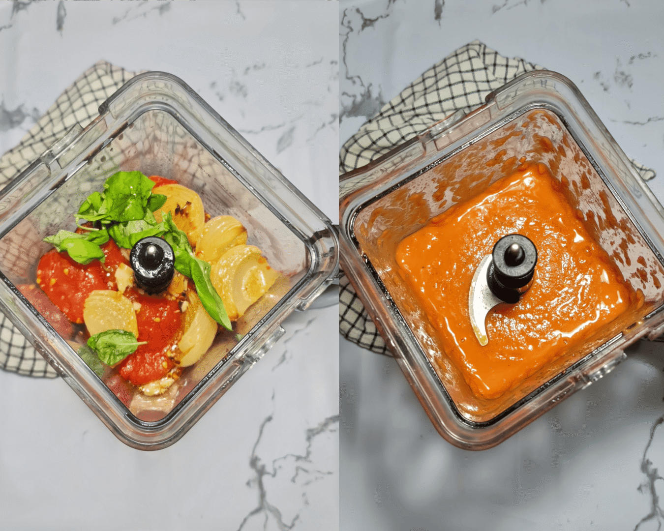 A split image showing roasted tomatoes, onions, garlic, and fresh basil in a blender before being pureed, and the smooth, creamy orange soup after blending.