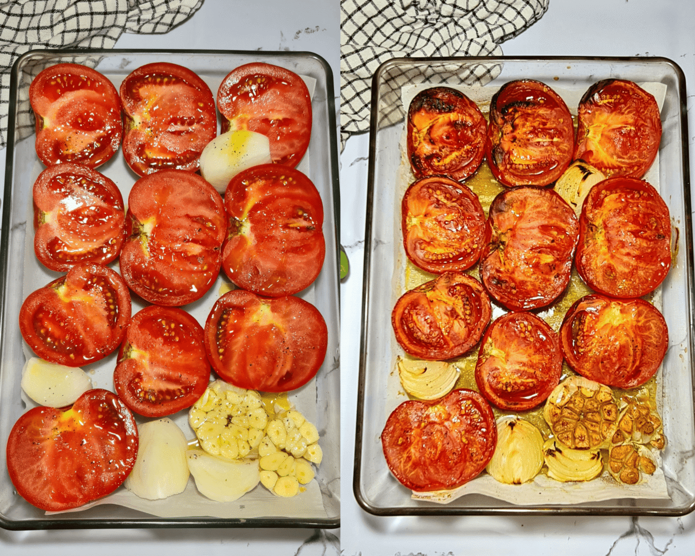A before-and-after split image showing fresh tomatoes, onions, and garlic in a glass baking dish before and after roasting until golden and caramelized.