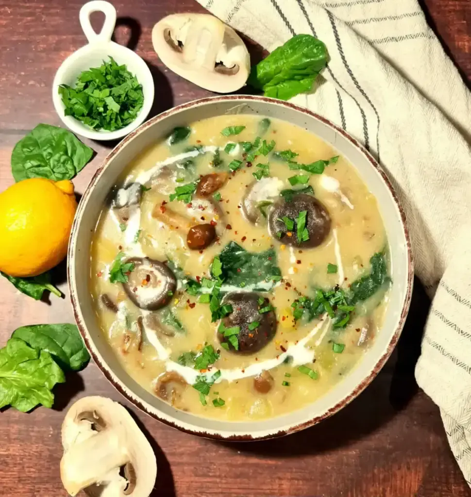 An overhead shot of a rustic bowl of creamy potato mushroom soup, styled on a dark wood table with a fresh lemon, spinach leaves, chopped parsley, and a kitchen towel. vegan fall and winter soup recipes