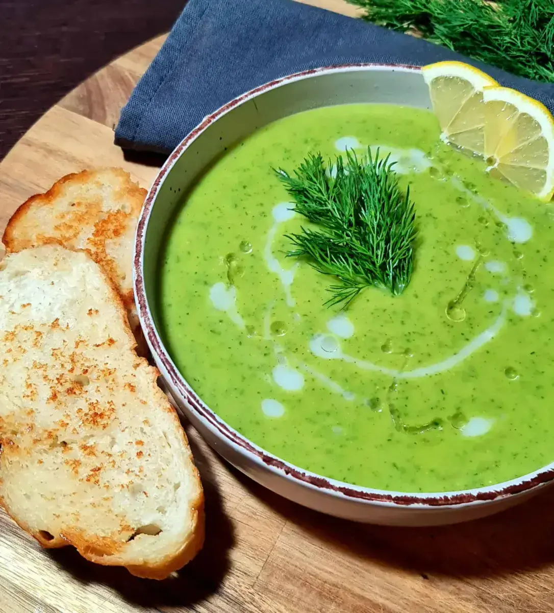 Bowl of creamy green soup garnished with dill and lemon slices, served with toasted bread.