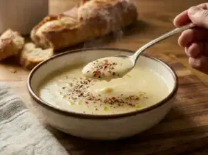 A spoonful of creamy soup topped with vibrant red pepper flakes and freshly cracked black pepper, hovering over the main bowl.