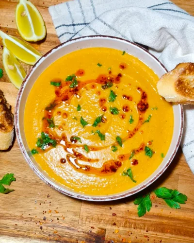 Overhead view of a white bowl filled with golden-yellow Turkish lentil soup, drizzled with red chili oil and chopped parsley, served with toasted bread and lemon wedges on a wooden board.