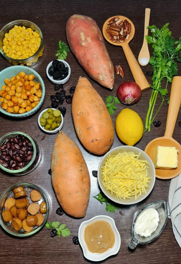 Overhead view of raw ingredients for vegan stuffed sweet potatoes including beans, chickpeas, and corn.
