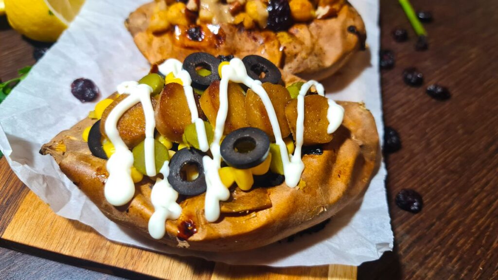 Close-up of vegan stuffed sweet potatoes featuring sliced vegan sausage, olives, and a creamy white sauce.