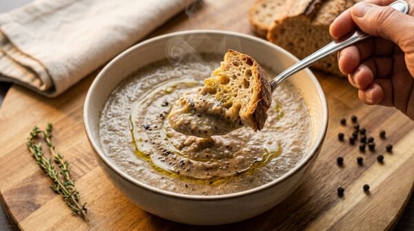 A hand dipping a piece of crusty bread into a steaming bowl of creamy mushroom soup garnished with olive oil and black pepper.