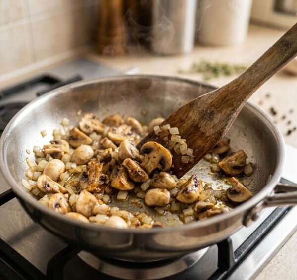 Sliced mushrooms and diced onions sautéing in a stainless steel skillet being stirred by a wooden spoon, with steam rising.