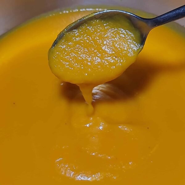 Spoon lifting creamy carrot soup showing thick texture